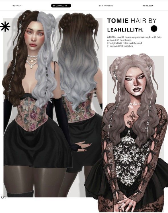 female sims with long hair, and two braided buns on top