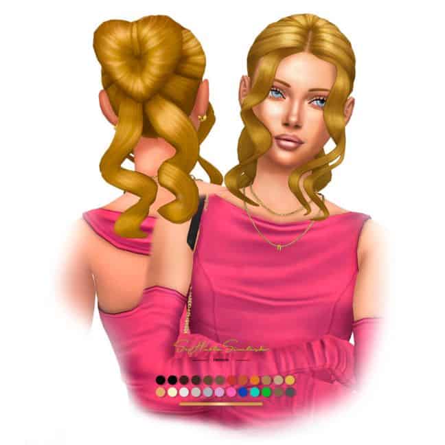 female sim with a heart-shaped hair bun and long tendrils down the front