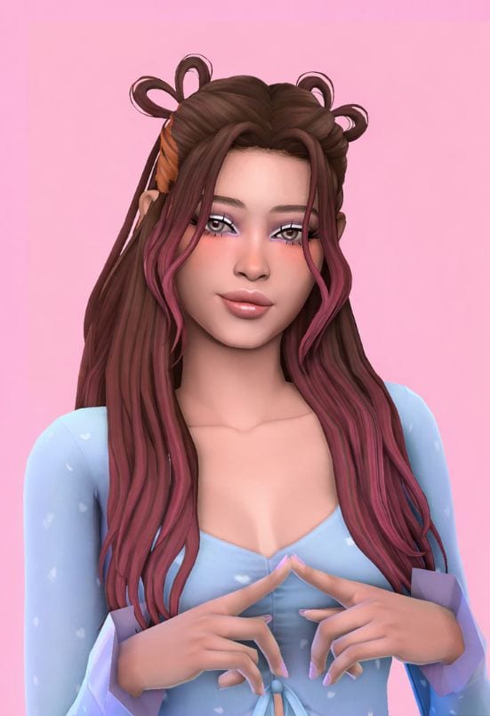 female Sim with heart-shaped buns and long wavy strands