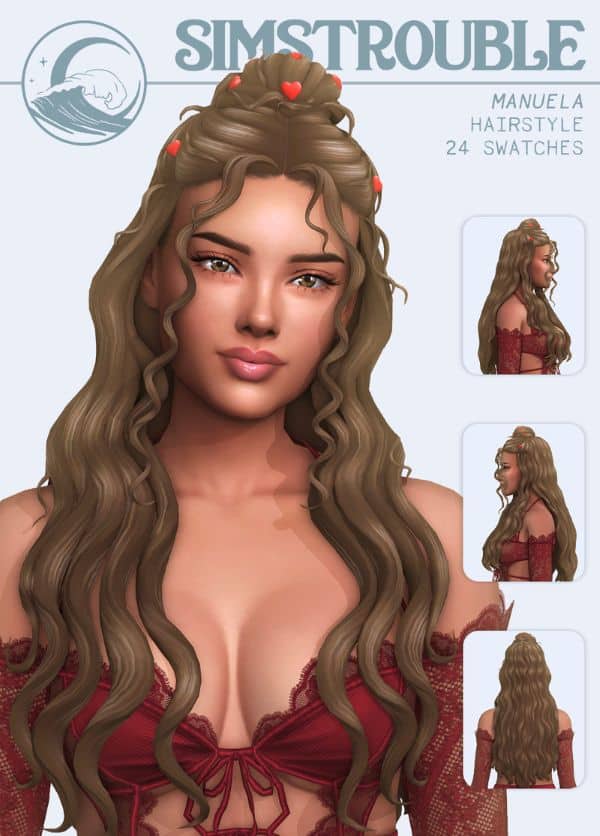 female sim with long, soft curly hair, a partial high bun and heart-shaped clips