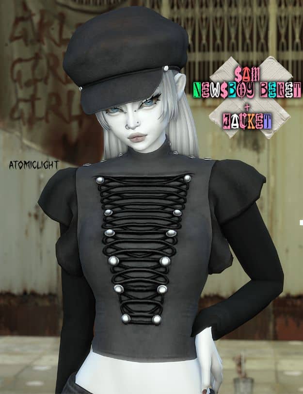 female sim wearing a black lace-up jacket top and matching beret