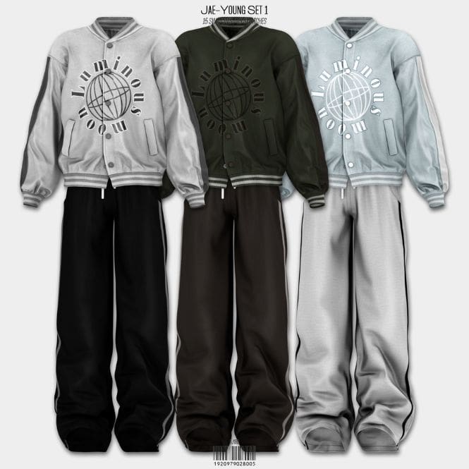 collage of male letterman-style jackets with baggy pants