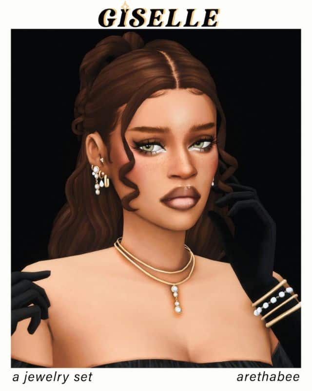 female sim dressed for a fancy evening, wearing gold jewelry with gems and pearls