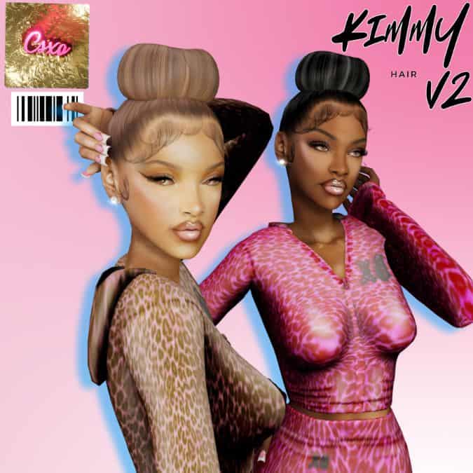 female sim with high, large bun hairstyles and wearing fitted hoodies ad matching bottoms