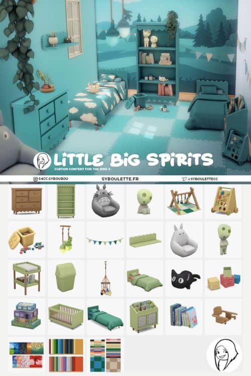 a blue-themed kids bedroom with various items in a collage
