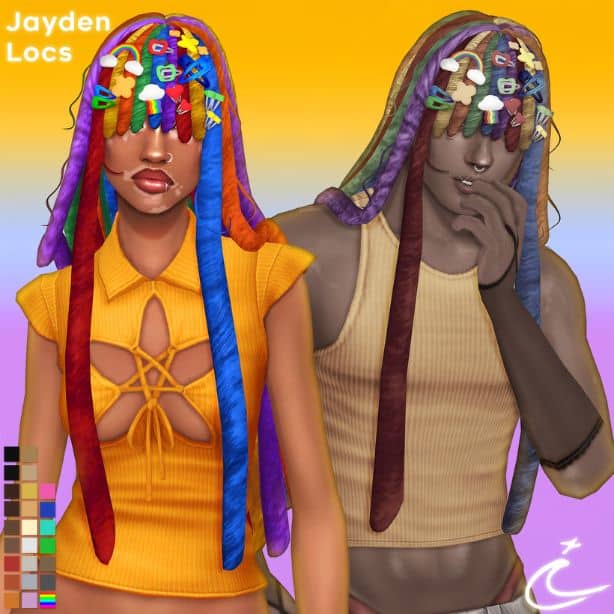 male and female Sims with long colorful locs with clips