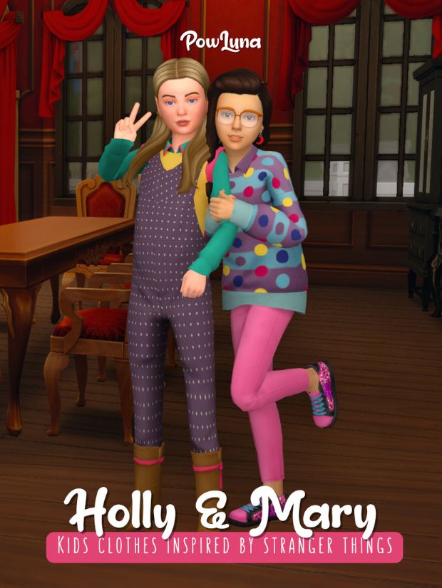 kids sims dressed as Holly and Mary from Stranger Things