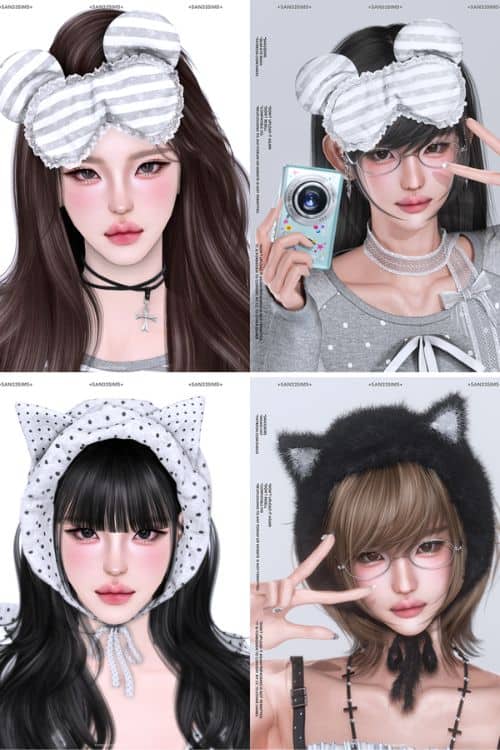 female sims wearing cat-ear hats and bear-eye masks
