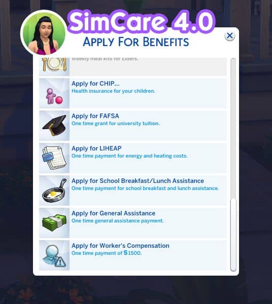 SimCare mod in-game options