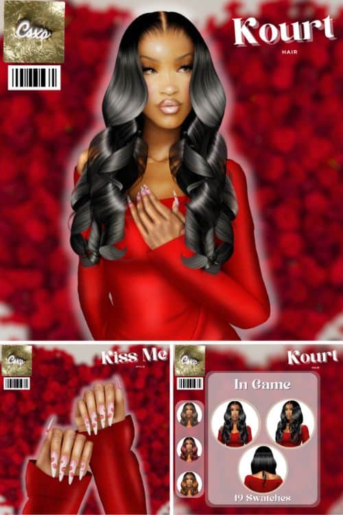 black female sim with long curled hair and kiss-themed nails