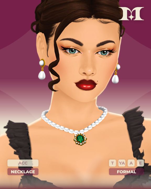 female sim wearing a pearl necklace with a pendant