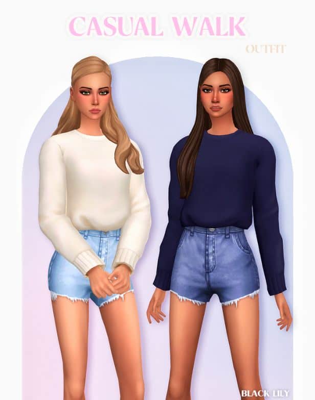 female Sims wearing sweaters and jean shorts