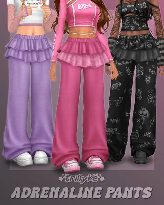 close up of Sims wearing baggy sweatpants with a ruffle peplum waistband