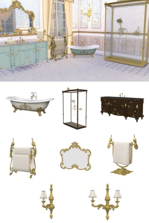 a royal bathroom and a collage of the furniture and decor pieces