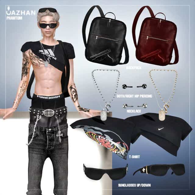 male sim wearing a half-on T-shirt, sunglasses, backpack, and accessories