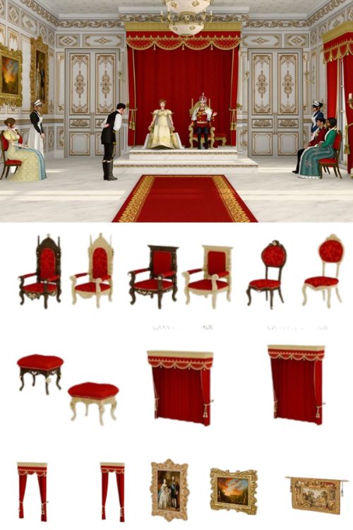 a royal throne room with mixed items shown in a collage