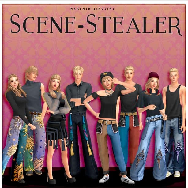 male and female Sims, wearing trendy jeans, bottoms and a skirt with buckles