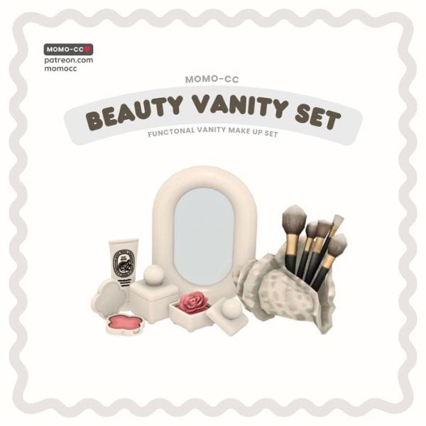 a vanity set with a mirror, makeup brushes and cream shell