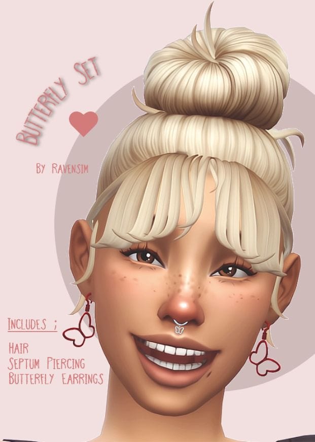 blond female Sim with a high bun, bangs, septum piercing and earrings