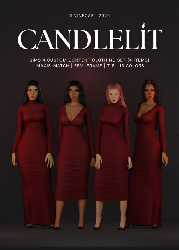 female sims wearing four-style of burgundy dresses