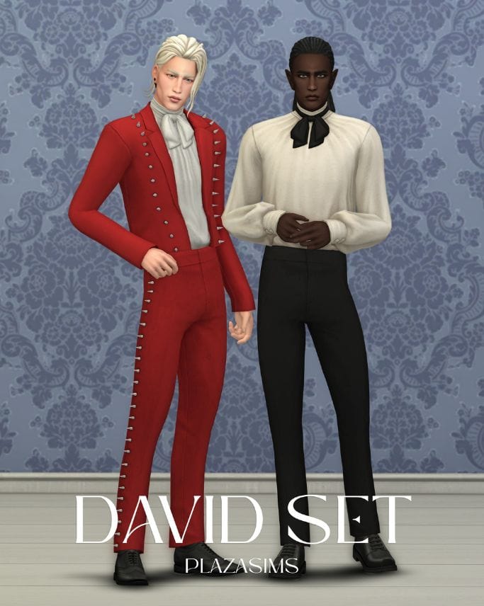 Two male Sims wearing formal vintage-inspired outfits, one with spike details