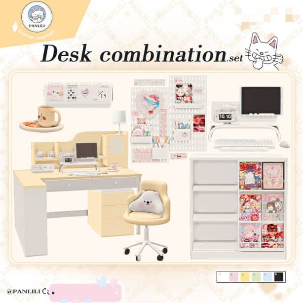 collage of an office desk setup with cute decor pieces