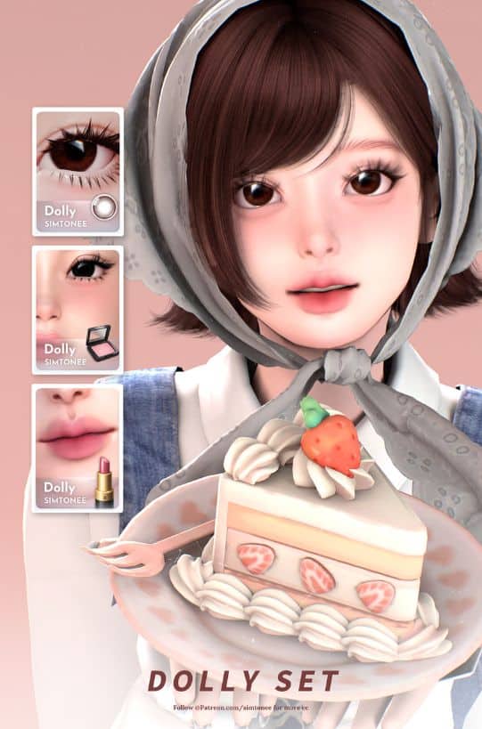 female sim with rosy makeup and brown eye contacts