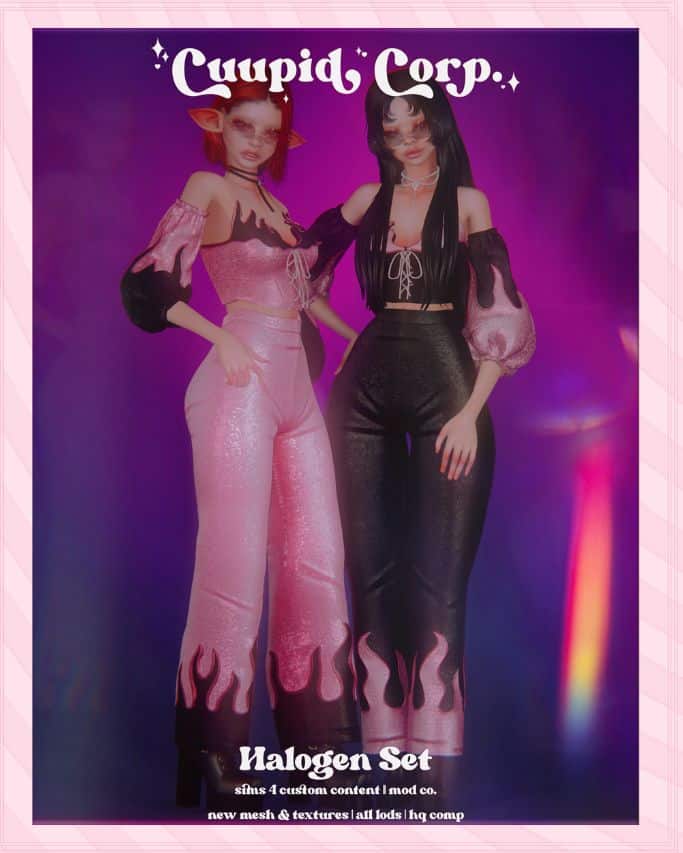 Two Sims modeling a top and pants with flamed details and glasses