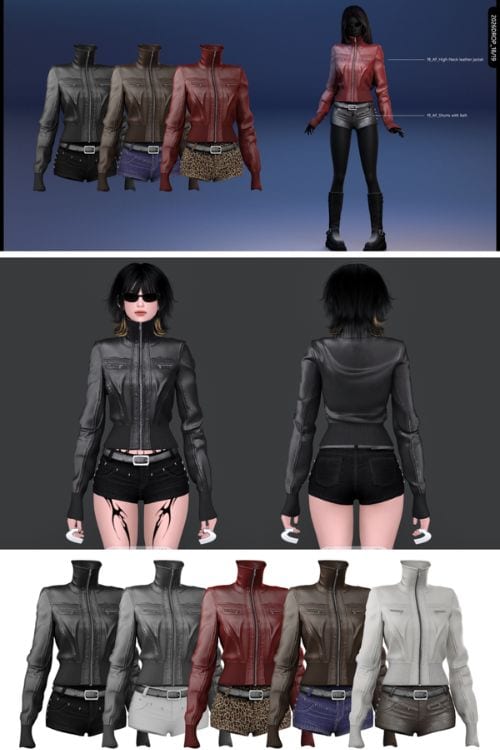 female Sim wearing a leather jacket, shorts with a belt