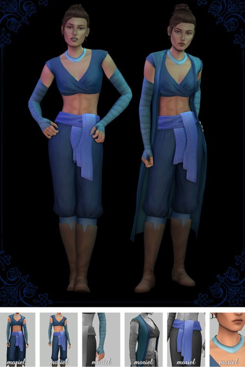 female sims wearing crop tops and blue pants, a necklace, and gloves