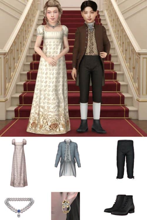 male and female kid Sims dressed in royal clothing