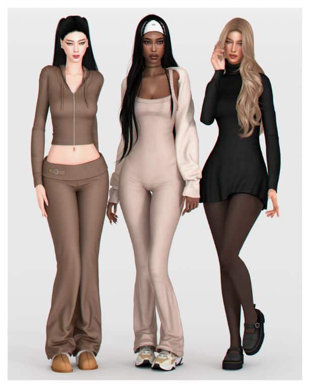 female Sims wearing cozy, knit outfits