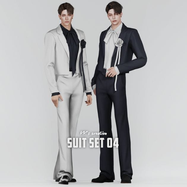 male sims wearing a chic suit with a bow on the neckline and floral detail on the lapel