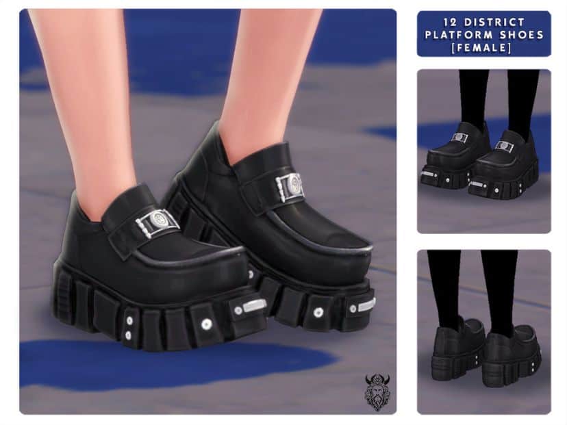 close up of black platform shoes with silver details