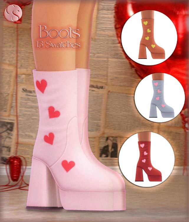 light pink platform boots with darker pink heart details