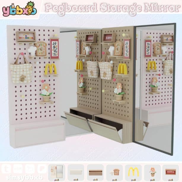 a pegboard storage mirror with decor pieces hung on it