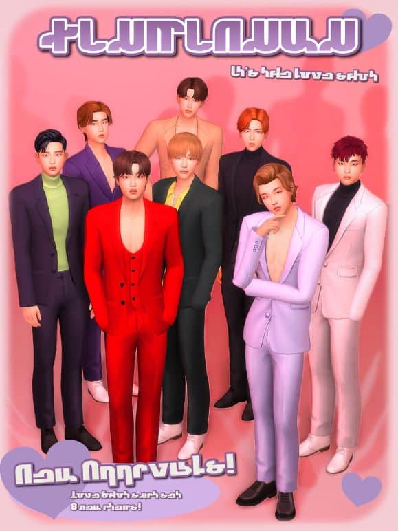a group of male sims wearing different styles of suits