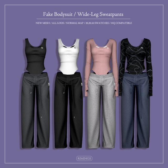 collage of fake bodysuits and sweatpants in different colors