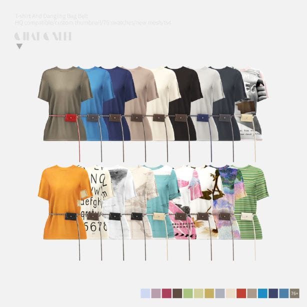 collage of colorful T-shirts and dangling bag belts