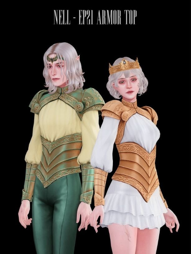 two fantasy-looking Sims wearing armor tops