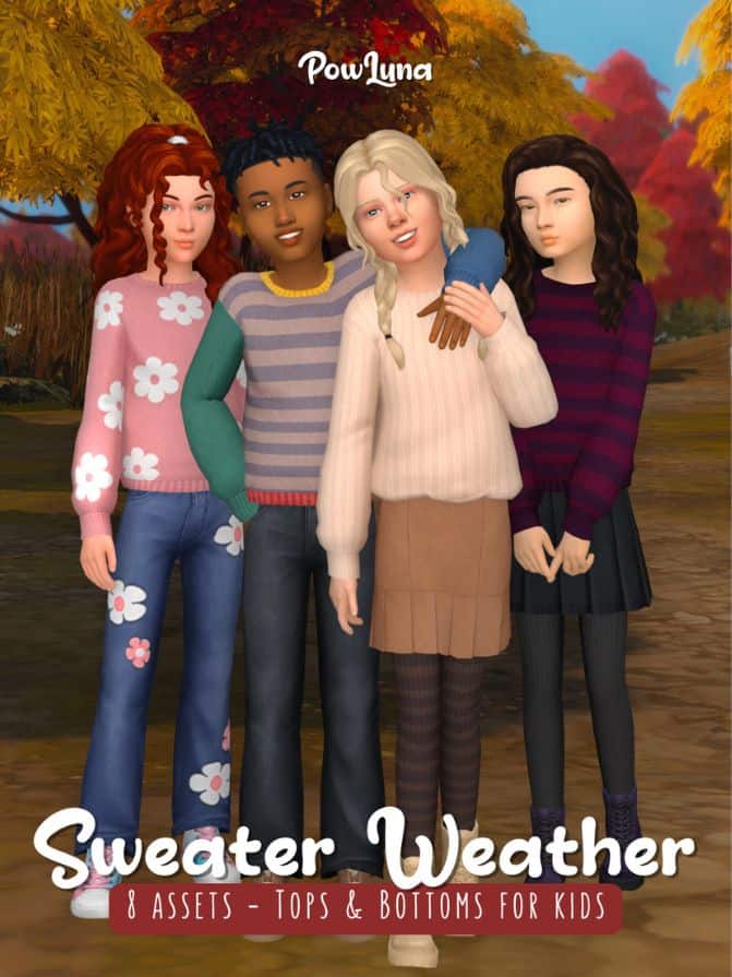 four kid sims dressed in cozy sweaters and bottoms