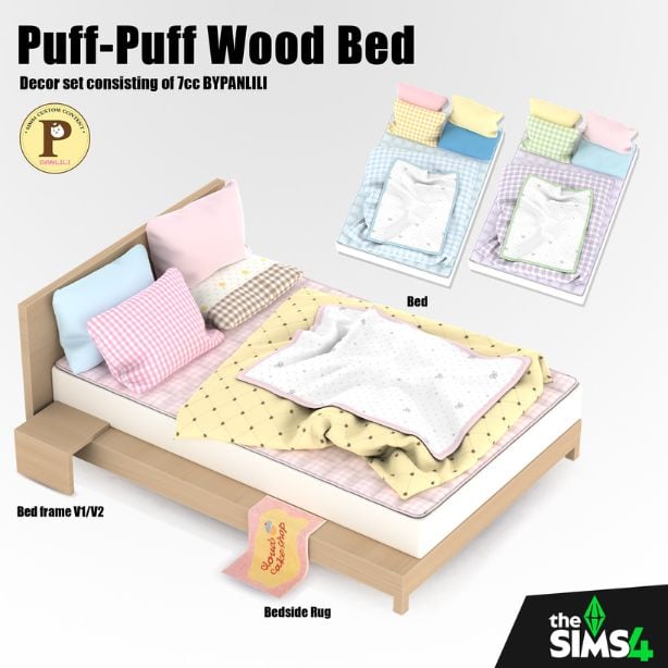 a wooden bed with cozy bedding and pillows