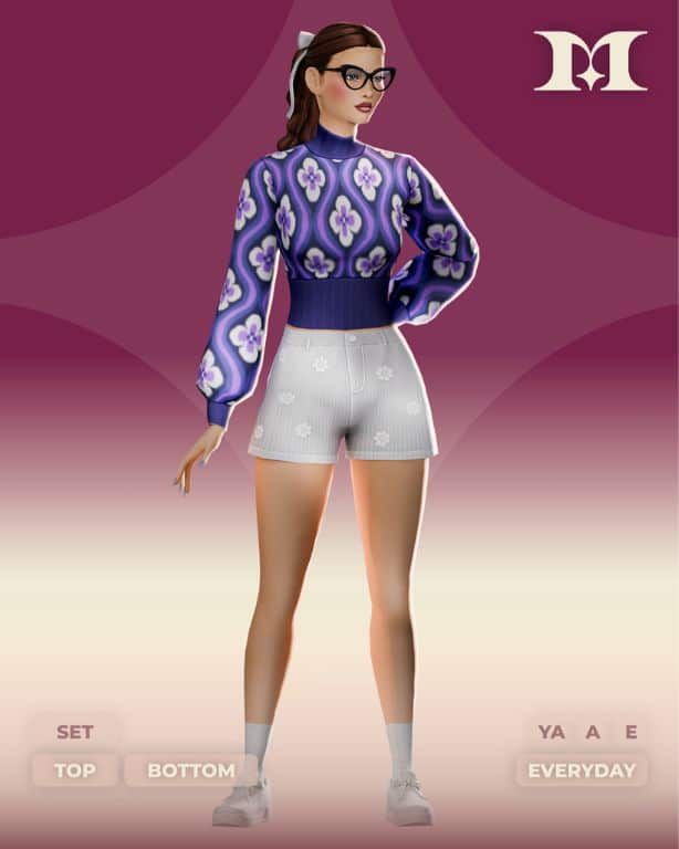 female sim wearing a long sleeve top with a floral pattern and white shorts