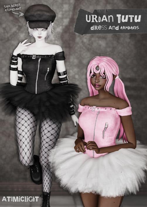 female Sims wearing tutu-style dresses, one with armbands accessories