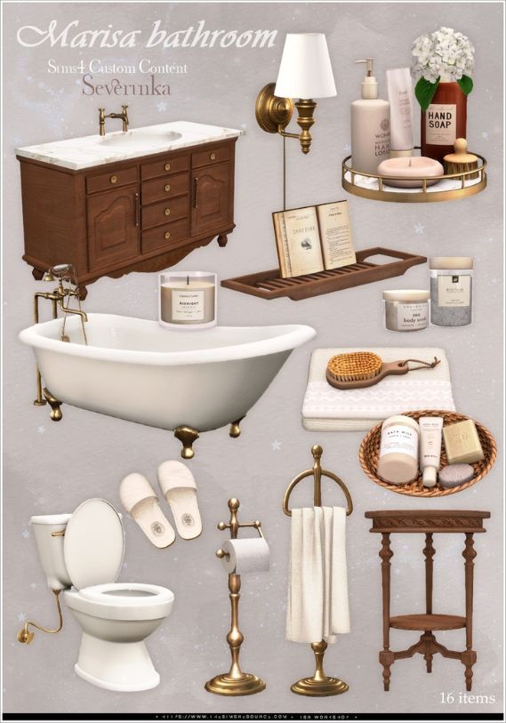 collage of bathroom furniture, decor and clutter pieces
