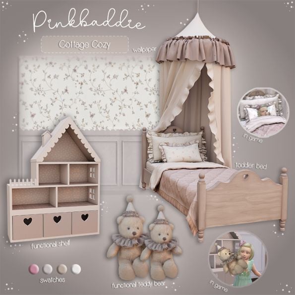 cozy bedroom set with a toddler bed, floral wallpaper, a dollhouse, teddy bear