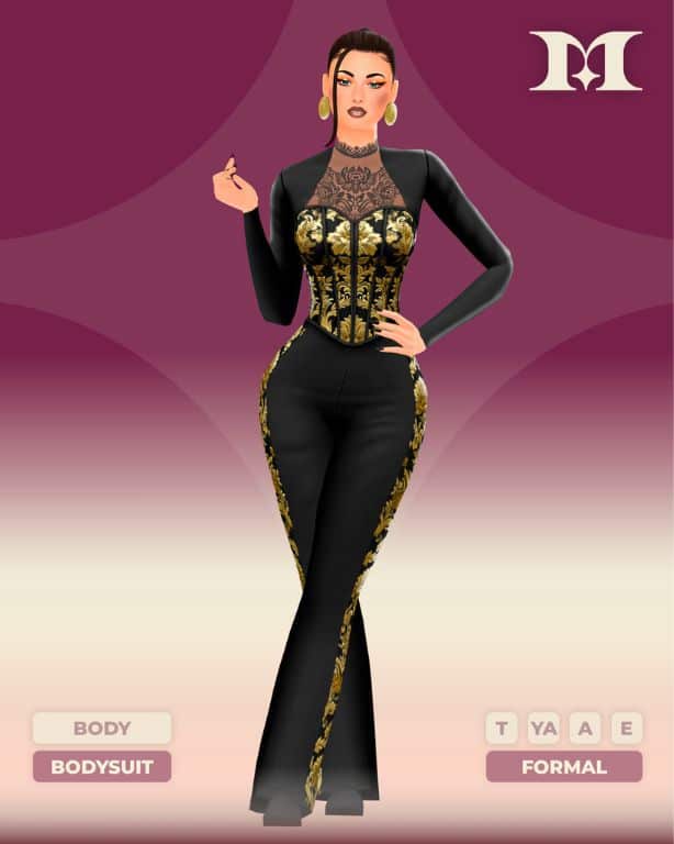 female Sim wearing a chic bodysuit with gold embroidered detailing