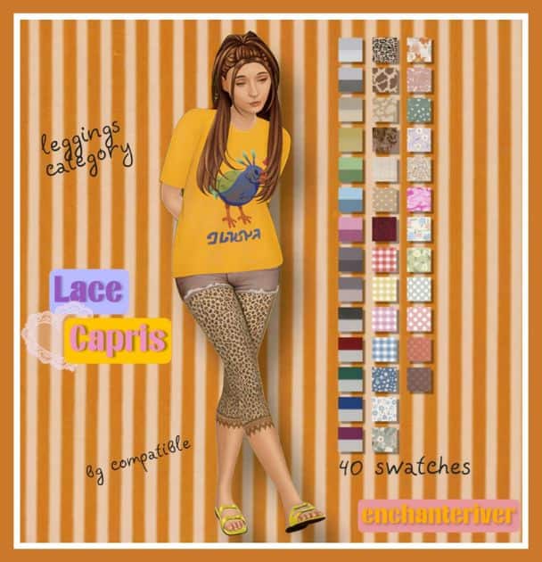 female Sim wearing leopard print capri pants with lace trim