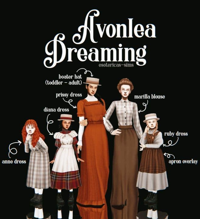 child and adult Sims dressed in Anne with an E inspired historical clothing