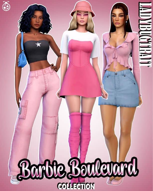 three female Sims wearing Barbie-inspired clothing